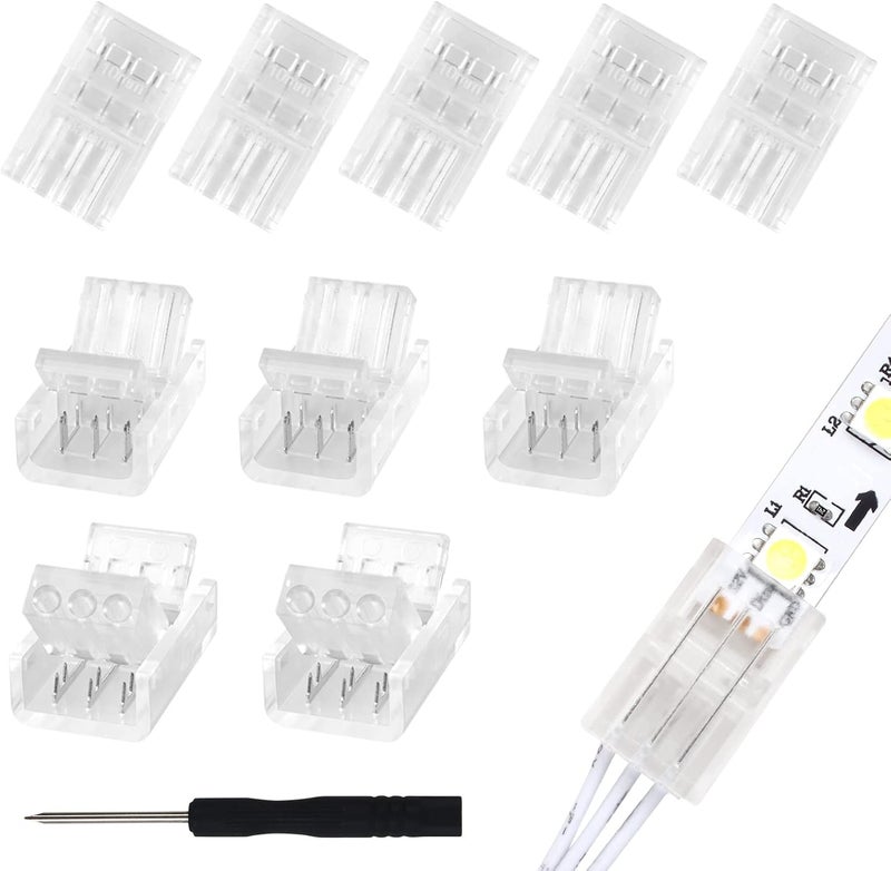 RGBZONE 10Pcs 3 Pin 10mm LED Strip Connectors Gapless Solderless Strip to Wire Quick Connector for 10mm Waterproof and Non-Waterproof WS2811 WS2812B LED Strip Lights - Image 1